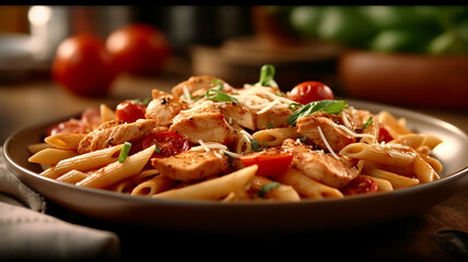 penne pasta in tomato sauce with chicken and tomatoes on a wooden table, Generative AI.