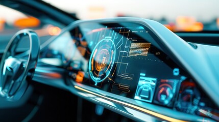 Futuristic holographic interface in a modern car, captured with a telephoto lens on a sunny day. This crisp and vibrant image highlights advanced technology and seamless integration within the vehicle