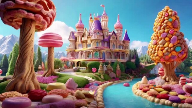 A view of a dream palace made of colorful cakes, there is a river. There are several trees and flowers made of colorful cakes.