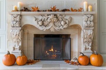 Obraz premium Elegant fireplace mantel with pumpkins and autumn decorations