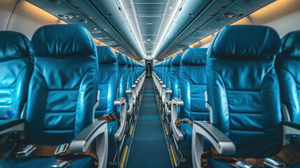 Airplane cabin and aisle with empty comfortable economy class seats inside the plane