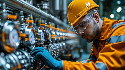 Skilled Technician Fine-Tuning Settings on Industrial Pump at Gas Refinery with Detailed Equipment in View