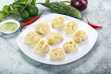 Nepali steamed dumplings  Momo with sause