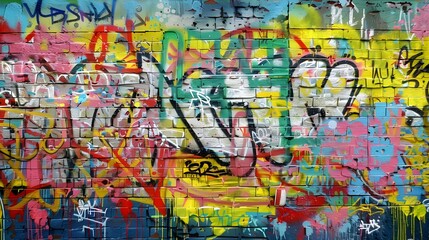  Vibrant abstract graffiti with chaotic splashes and bold lettering on an urban wall.