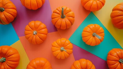 Pumpkins arranged in a circle on a bold, multicolored geometric background
