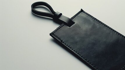 Sleek black leather luggage tag on white background, perfect for adding sophistication to travel essentials