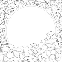 Vector tropical template with monstera leaves, and plumerias flowers. Exotic summer Frame. Graphic hand drawn, arrangements, background. Black circuit silhouette