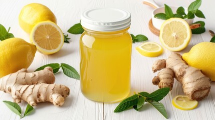 Fresh ginger root and lemon slices beside a jar of honey with a wooden dipper, surrounded by green leaves for natural health benefits
