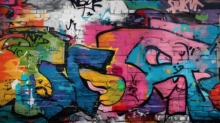 A colorful graffiti wall featuring bold splashes of blue, pink, and yellow on a textured urban background.