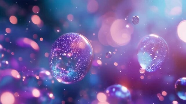 A vibrant macro shot showcases sparkling bubbles amidst a colorful bokeh background. The dreamy atmosphere is filled with glowing light orbs, creating an enchanting night-time scene.