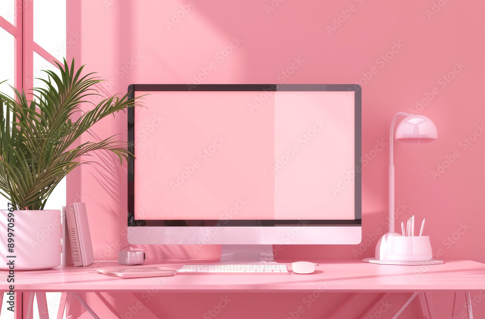 Wall mural A computer monitor sits on a desk in front of a pink wall