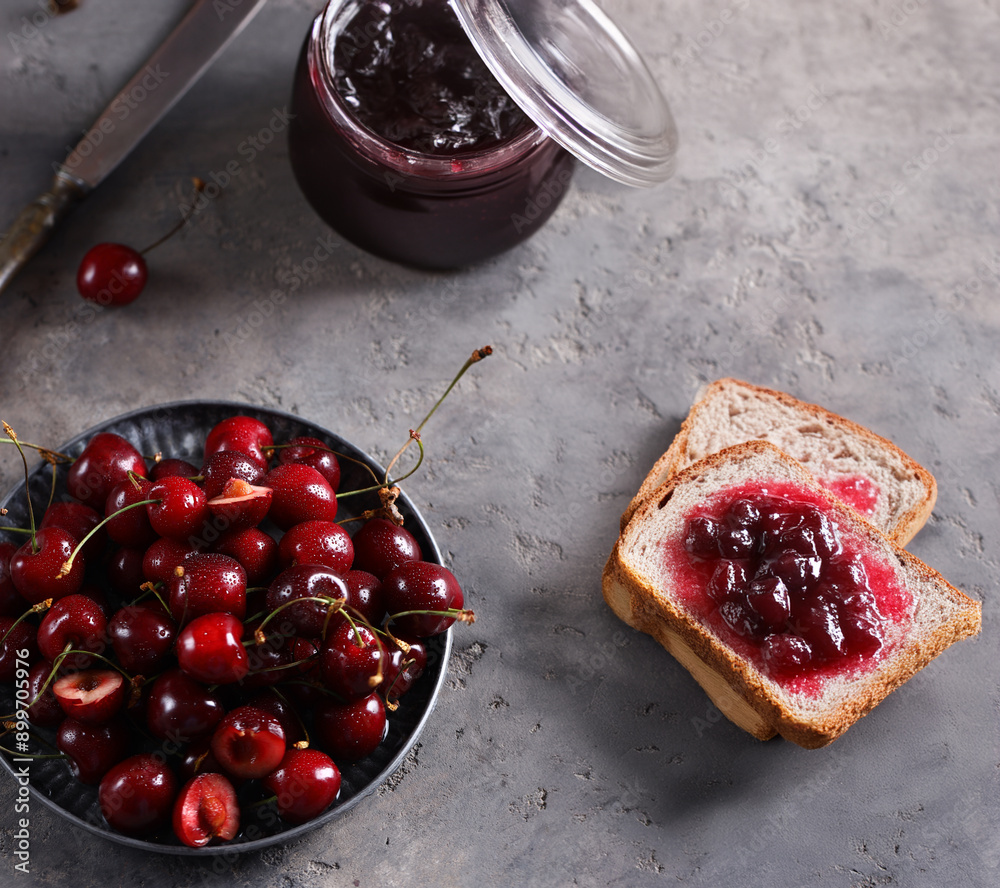 Poster natural organic cherry jam and fresh berries