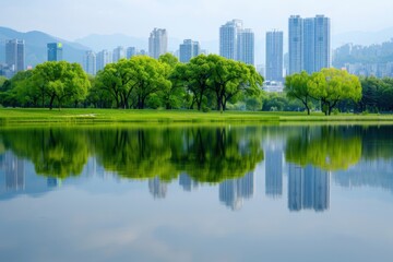 Obraz premium Urban Park with Skyline Reflected in Lake