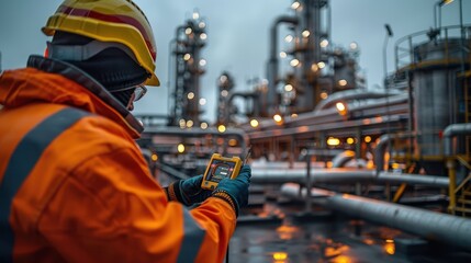 Industrial Worker Monitoring Pressure Levels in Refinery with Handheld Device Among Pipelines and Tanks