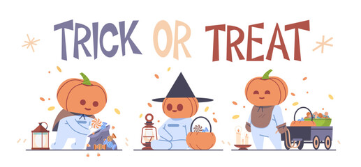Fototapeta premium Pumpkin head characters group with baskets and candy on Halloween. Trick or treating mascots on isolated background