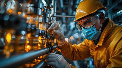 Engineer Conducting Crude Oil Testing in Refinery Lab with Protective Gear