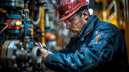 Oil and Gas Industry Worker Monitoring Valve Pressures with Portable Device Among Pipelines and Industrial Structures