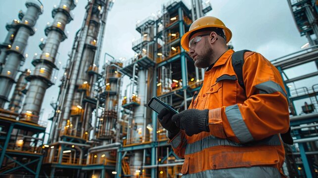 Oil and Gas Industry Technician Monitoring Valve Pressures with Portable Device Amidst Industrial Setting