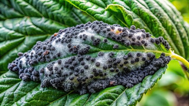 Black sooty mold on plant leaves, Fungus, Disease, Infestation, Garden, Greenhouse, Plant care, Agriculture