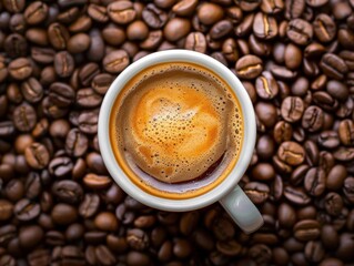 Fototapeta premium A cup of coffee between the coffee beans. AI generated