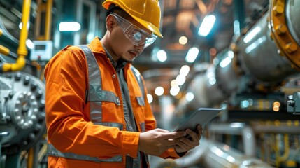 Industrial Engineer Monitoring Gas Pipeline Operations with Digital Tablet