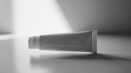 Fototapeta premium White cosmetic tube is lying on a white surface with dramatic lighting, perfect for showcasing your product design