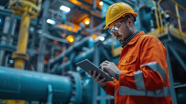 Innovative Industrial Engineer Monitoring Gas Pipeline Operations with Digital Tablet