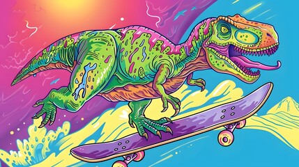 Naklejka premium skater t-rex dinosaur cartoon, Coloring sheet 