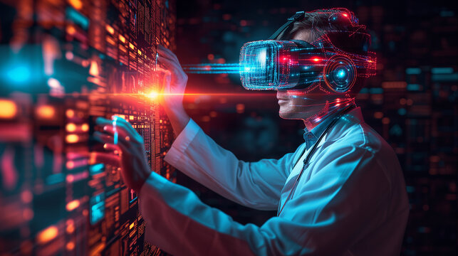 Virtual Reality Doctor Interacting With Data in Server Room