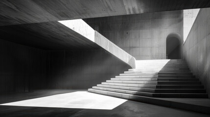 Monochrome photo of dramatic architectural concrete staircase with sunlight streaming, creating stark contrasts of light and shadow in minimalist space.