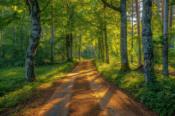 Fototapeta premium Scenic forest pathway illuminated by warm sunlight filtering through tall trees, creating a serene and peaceful atmosphere in the woods.