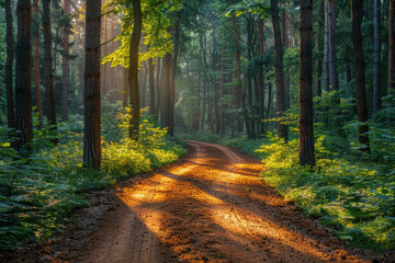 Fototapeta premium A serene dirt path winds through a lush, sunlit forest, with tall trees casting dappled shadows on the vibrant greenery and earthy trail.