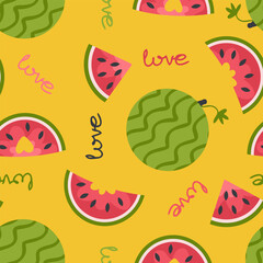 Summer romantic vector seamless pattern with watermelons. Perfect art background for postcard, textile, fabric, paper. Hand drawn illustration.