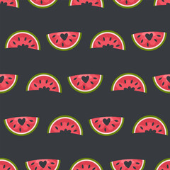 Summer vector seamless pattern with watermelons slices and hearts. Perfect for card, label, textile, fabric, paper. Hand drawn illustration.