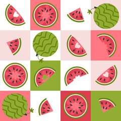 Minimalist style geometric vector pattern with watermelons. Perfect template for banner, cover, background, card, sale. Hand drawn illustration.