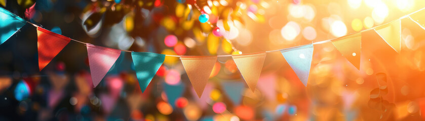 Colorful triangular bunting flags outdoors in sunlight with bokeh effect. Festive and vibrant decoration perfect for celebrations and parties.
