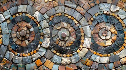 Fototapeta premium Intricately designed stone mosaic featuring a detailed circular pattern made from assorted colored stones.