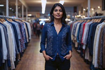 A small business owner making her dream come true as an entrepreneur, setting up a store selling ethnically diverse clothing. An Indian immigrant successful business in America. A fashion designer.