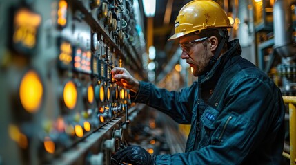 Monitoring Oil Refinery Operations - Technician Analyzing Digital Data on Control Panel Surrounded by Equipment in Refinery Control Room