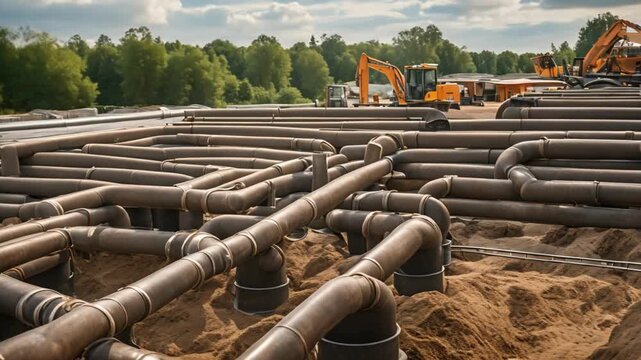 The installation of pipework is crucial at the construction site to ensure the efficient drainage of rainwater into the water main collector