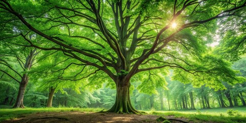 Tall, leafy green tree in a forest setting, nature, foliage, forest, environment, growth, branches, trunk, peaceful