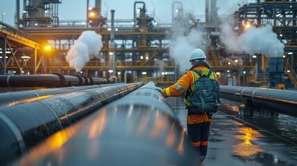 Industrial Safety Inspection: Worker in Protective Gear Examining Chemical Pipeline with Steam and Industrial Lights