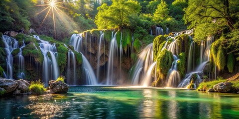 Naklejka premium Tranquil waterfall cascading down rocky cliffs in Croatia amidst lush green foliage
