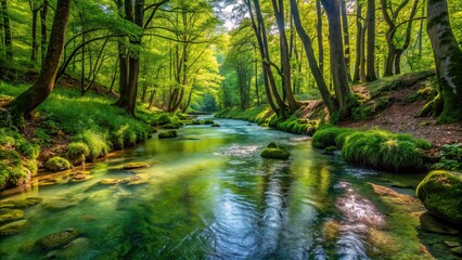 Obraz premium Small stream flowing through dense greenery and plants in a Croatian forest setting, forest, stream, greenery, plants, Croatia
