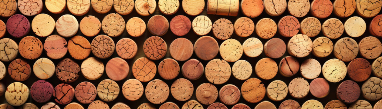 Close-up of various colorful wine corks arranged in a row, showcasing different textures, patterns, and shades against a wooden background.