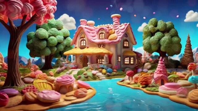 A house in a fairy tale world made of colorful cakes and biscuits, there is a river flowing beside the house. There are several trees and flowers made of colorful biscuits and cakes.