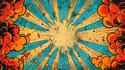 Vibrant comic book style explosion with colorful bursts, dynamic rays, and bold graphics, capturing energetic action and drama in a retro pop art design.