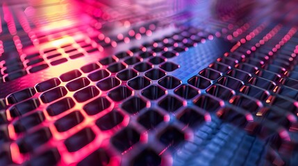 Neon hexagonal grid with pink and blue lighting, creating a futuristic and vibrant visual.