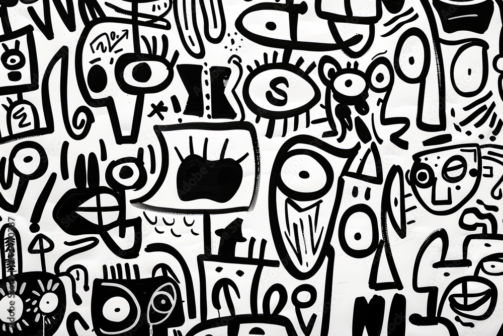 Wall mural Whimsical Black and White Cartoon Pattern