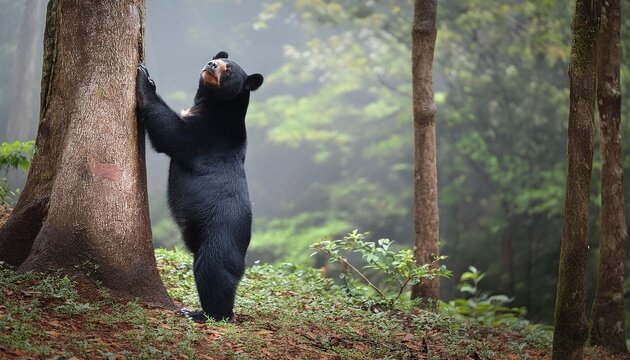 A black bear leaning against a tree in the forest